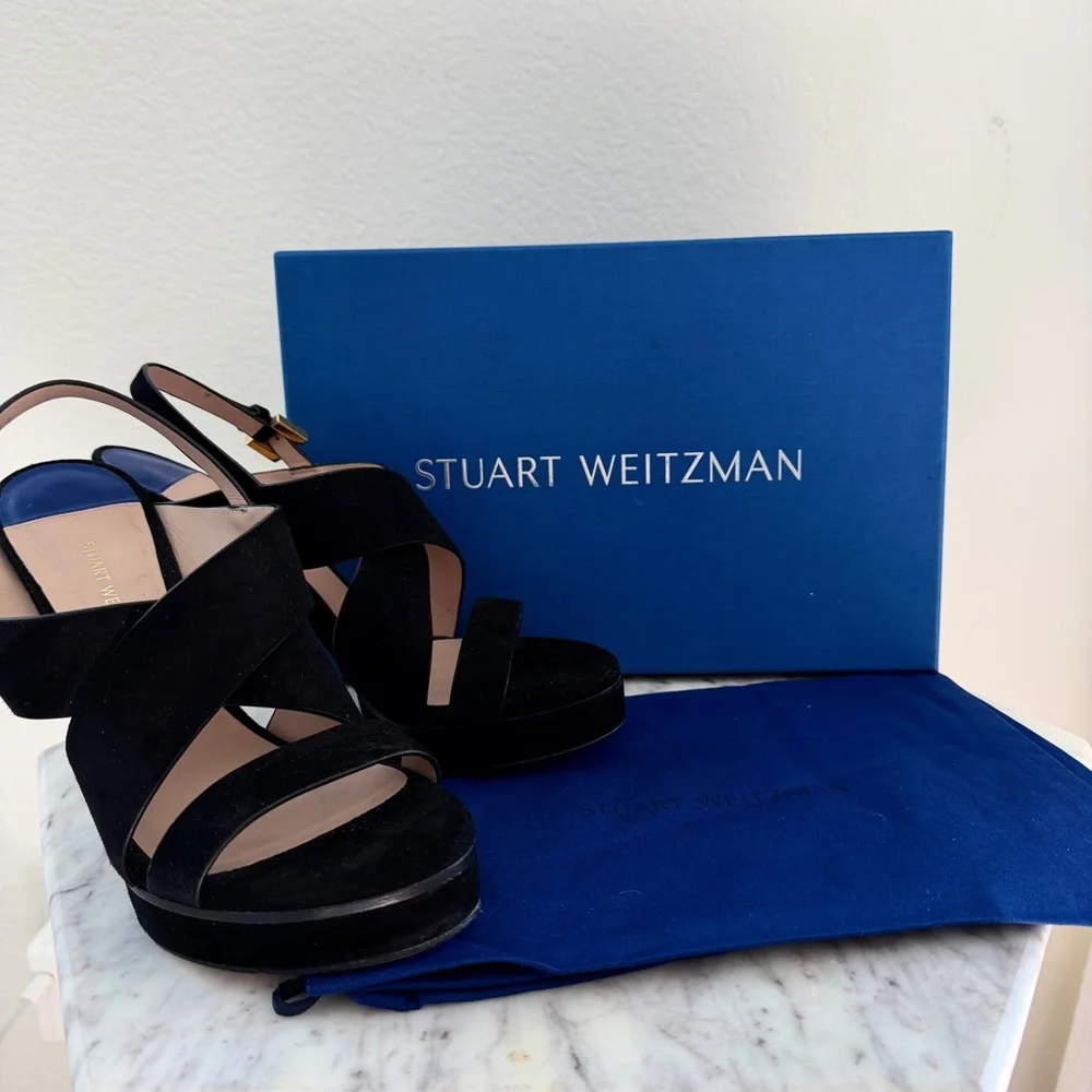 🖤 Stuart Weitzman Hester Strappy Black Suede Platform Stiletto Heels 6.5